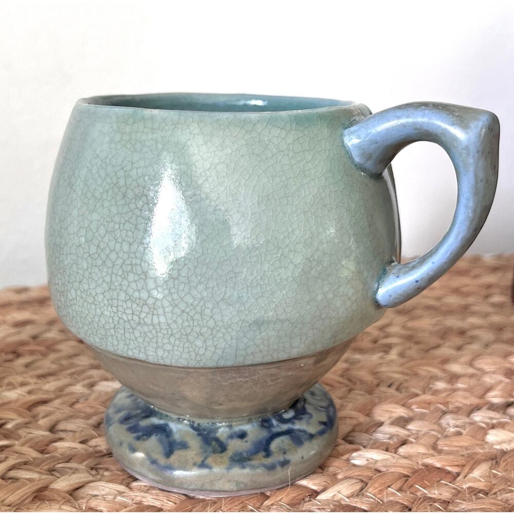 Unique Studio Pottery Mug Celadon Crackle Glaze Textured Flared Pedestal Foot